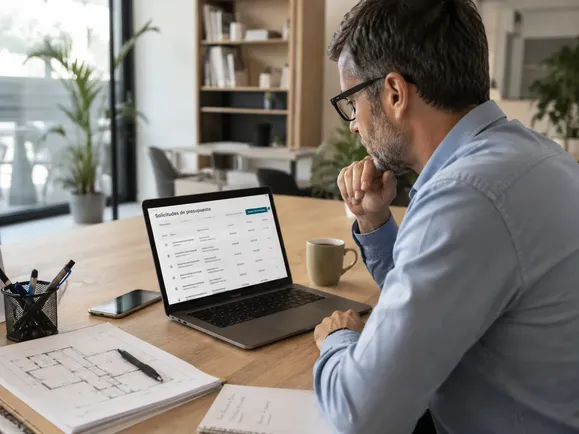 Profesional revisando solicitudes de presupuesto recibidas por internet